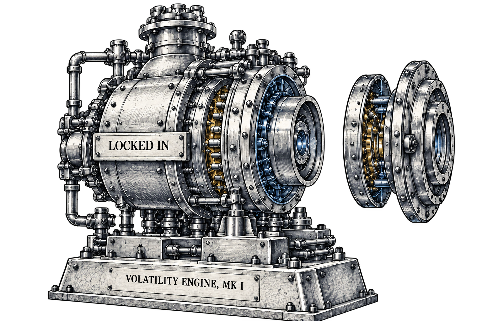 Illustrated Volatility Engine, Mk I, with its moving parts separated